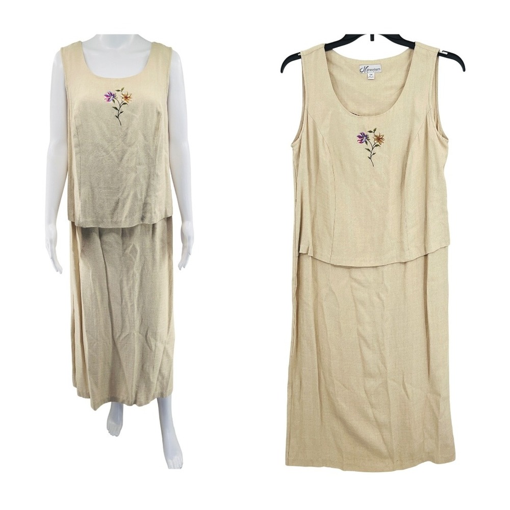 Vintage Dressbarn Cottagecore Coastal Maxi Dress Size 14W Beige Floral Embroider